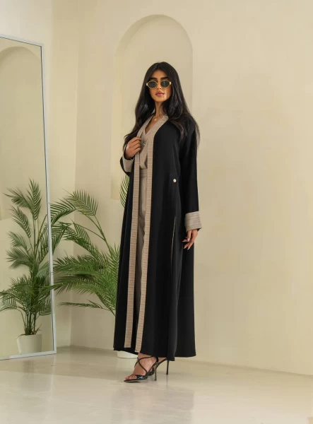 Black Crepe Abaya with Beige Striped IB231 Striped Beige